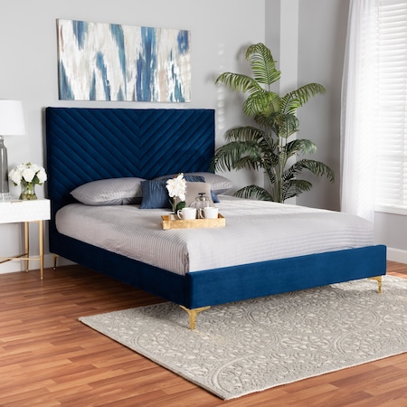 Fabrico Glam And Luxe Navy Blue Velvet Upholstered And Gold Metal King Size Platform Bed